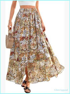 Floral Maxi Skirt A-Line High Waisted Boho Long Skirt with Pockets